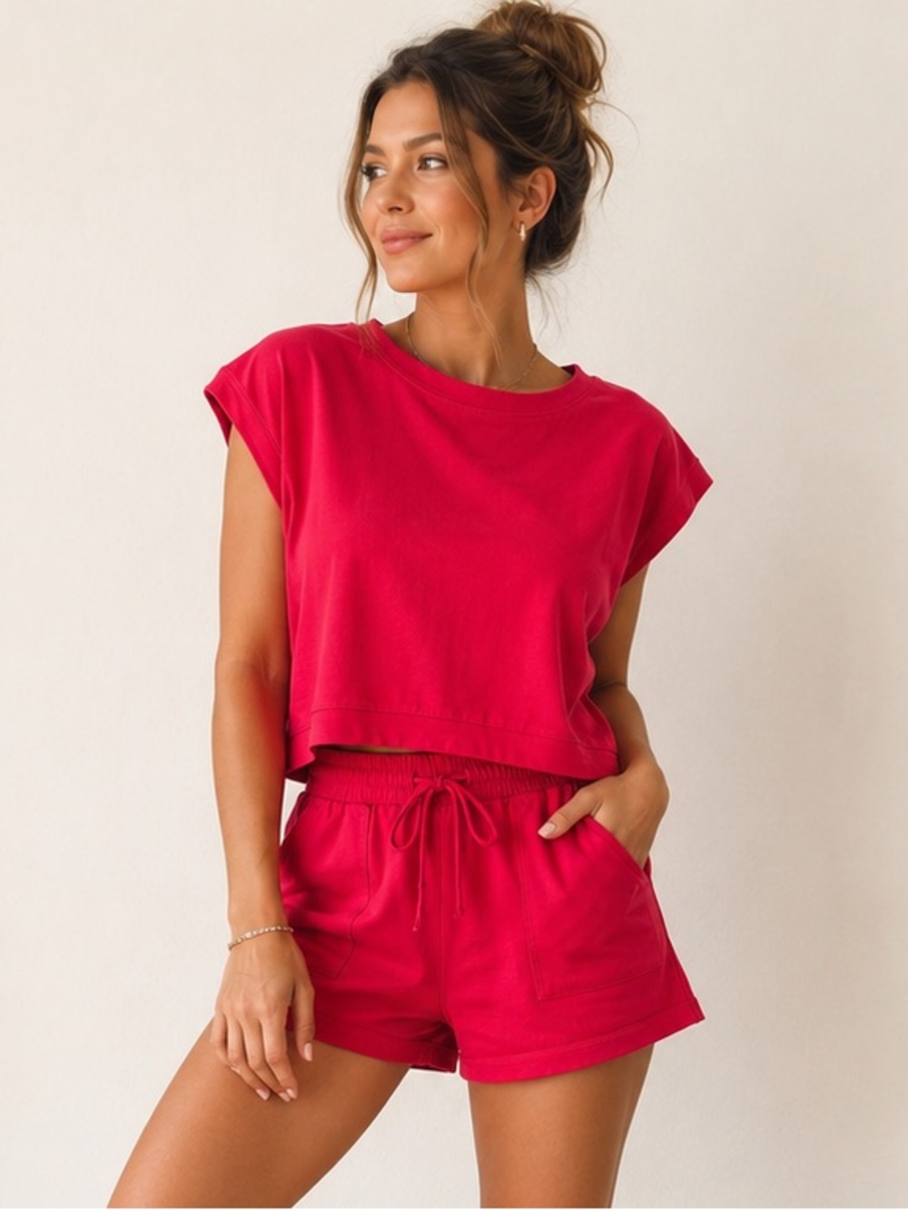 ZENANA 100% Cotton Lounge Set | Red Top & Shorts | Soft Comfy Matching Set Sz L
